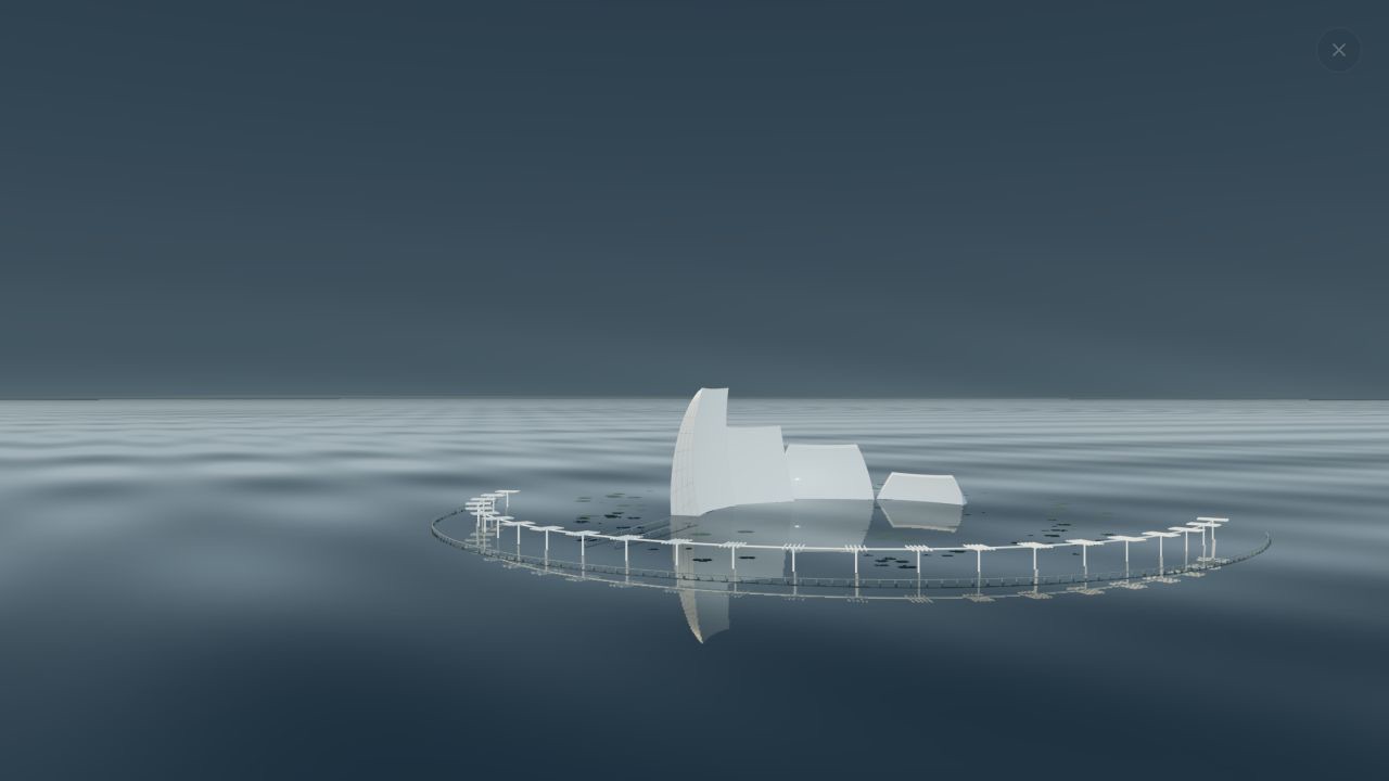 The first pieces of the museum study emerge from reflective water.