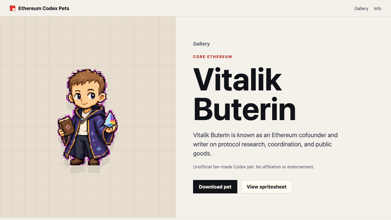 A character page — Ethereum Codex Pets
